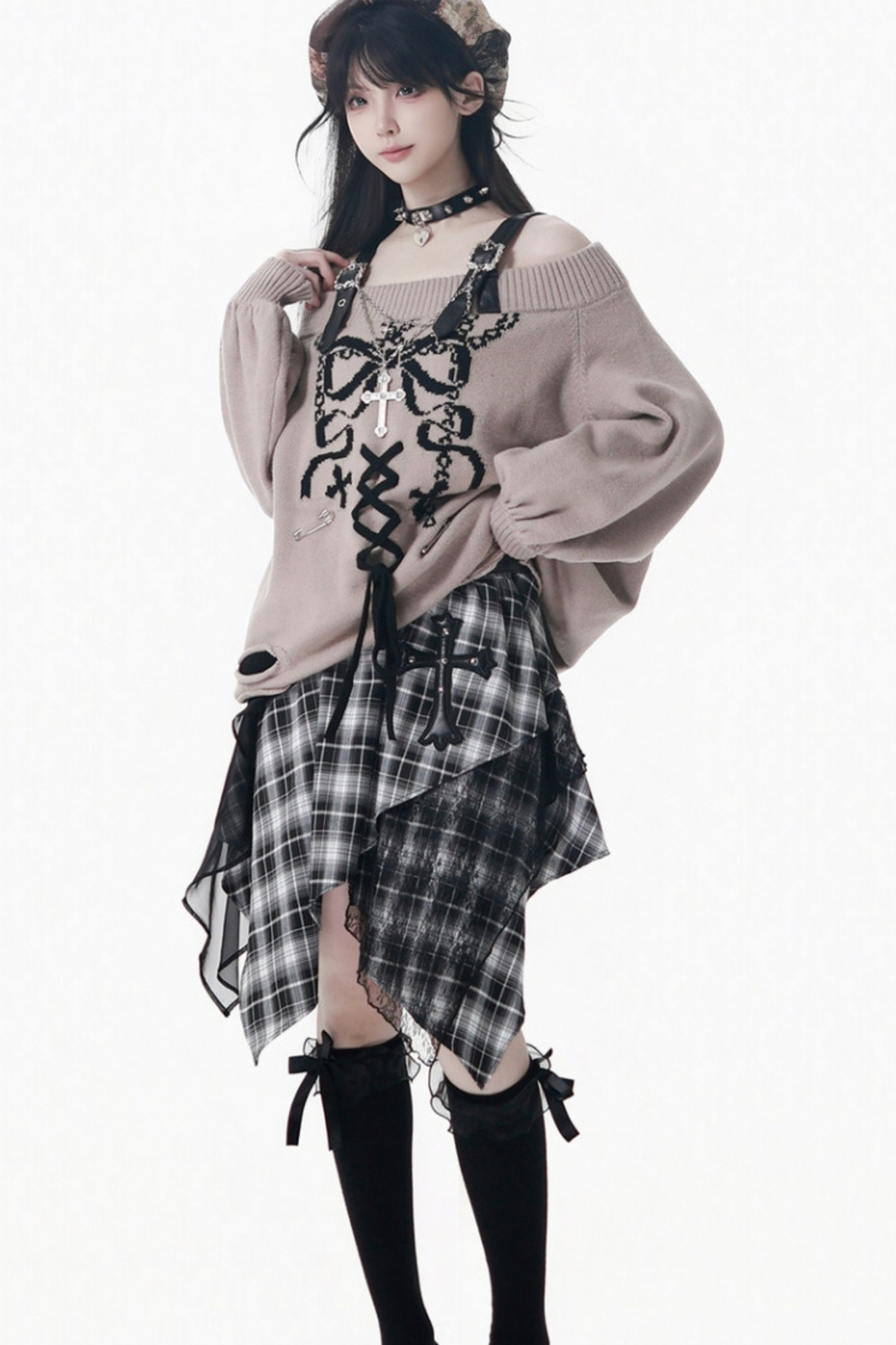 One-Shoulder Ribbon Top + Checked Asymmetrical Skirt