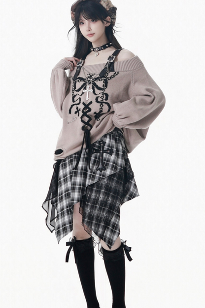 One-Shoulder Ribbon Top + Checked Asymmetrical Skirt