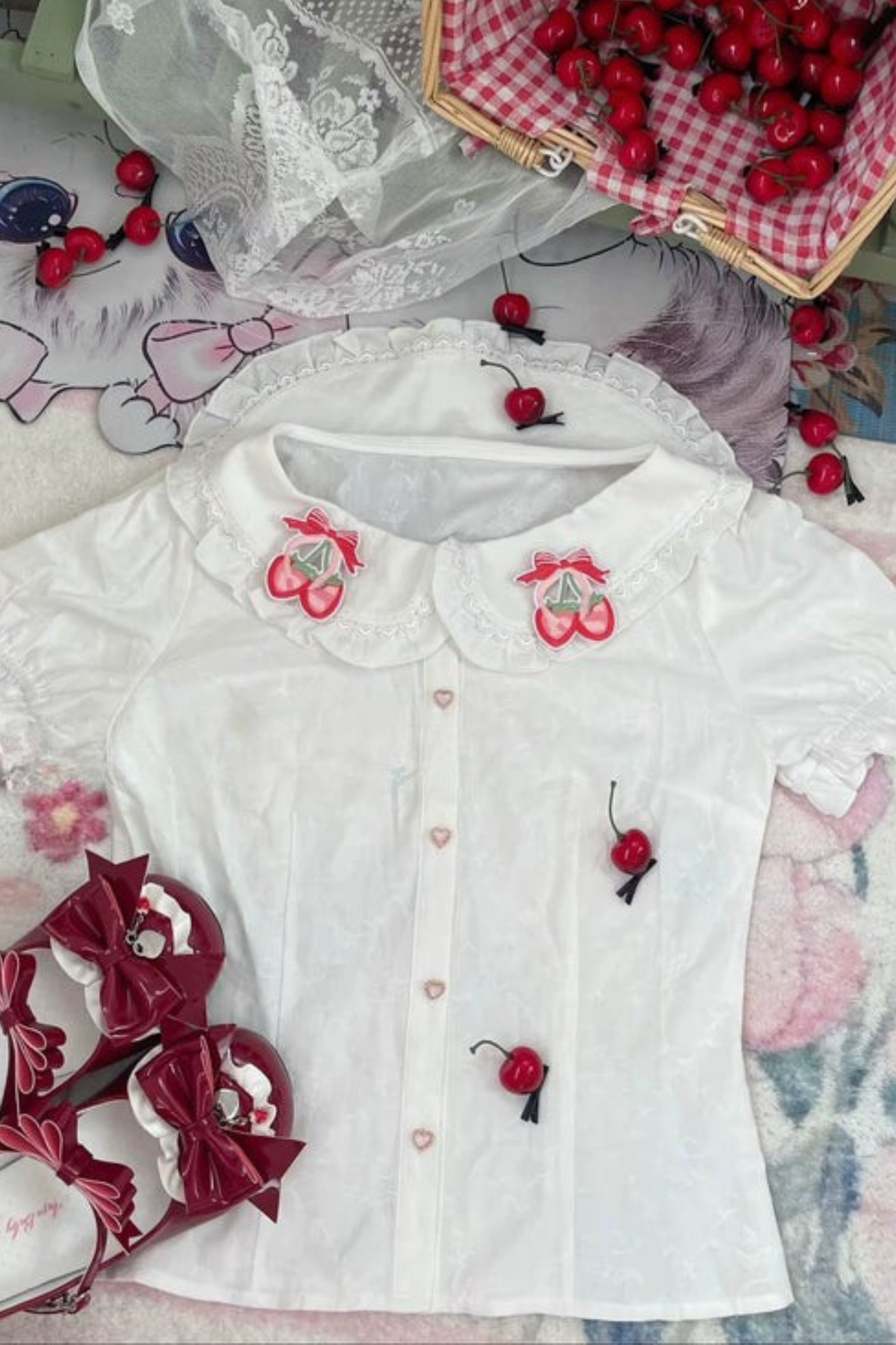 ストロベリーロリータジャンパースカート+ラビットヘアスカーフ+ビッグリボン+トップス+ハット+ボンネット