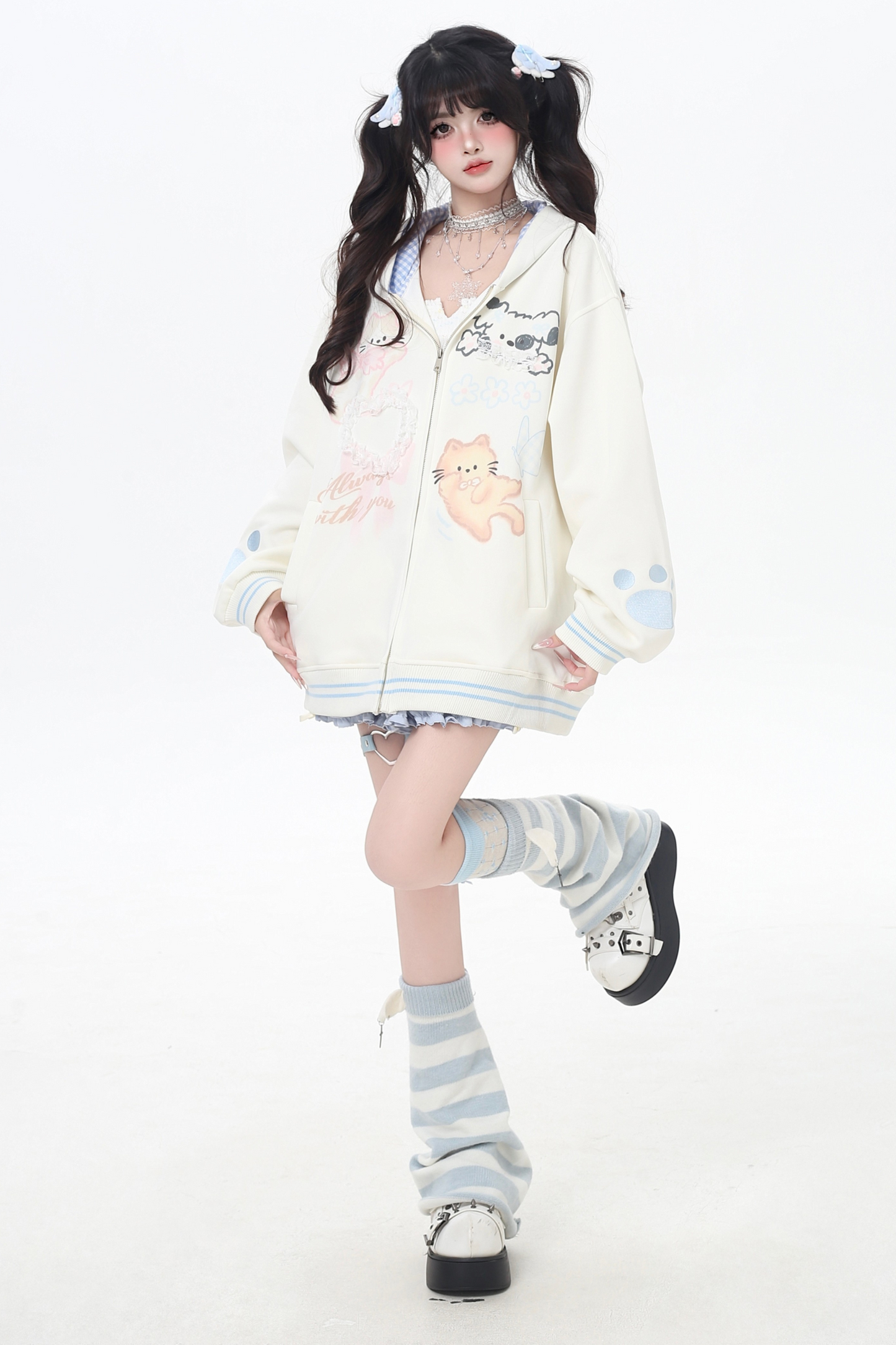 Animal Illustration Loose Zip Hoodie