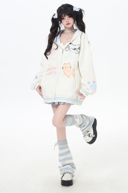Animal Illustration Loose Zip Hoodie