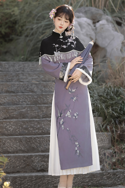 Retro China Dark Long Dress + China Shawl + Skirt