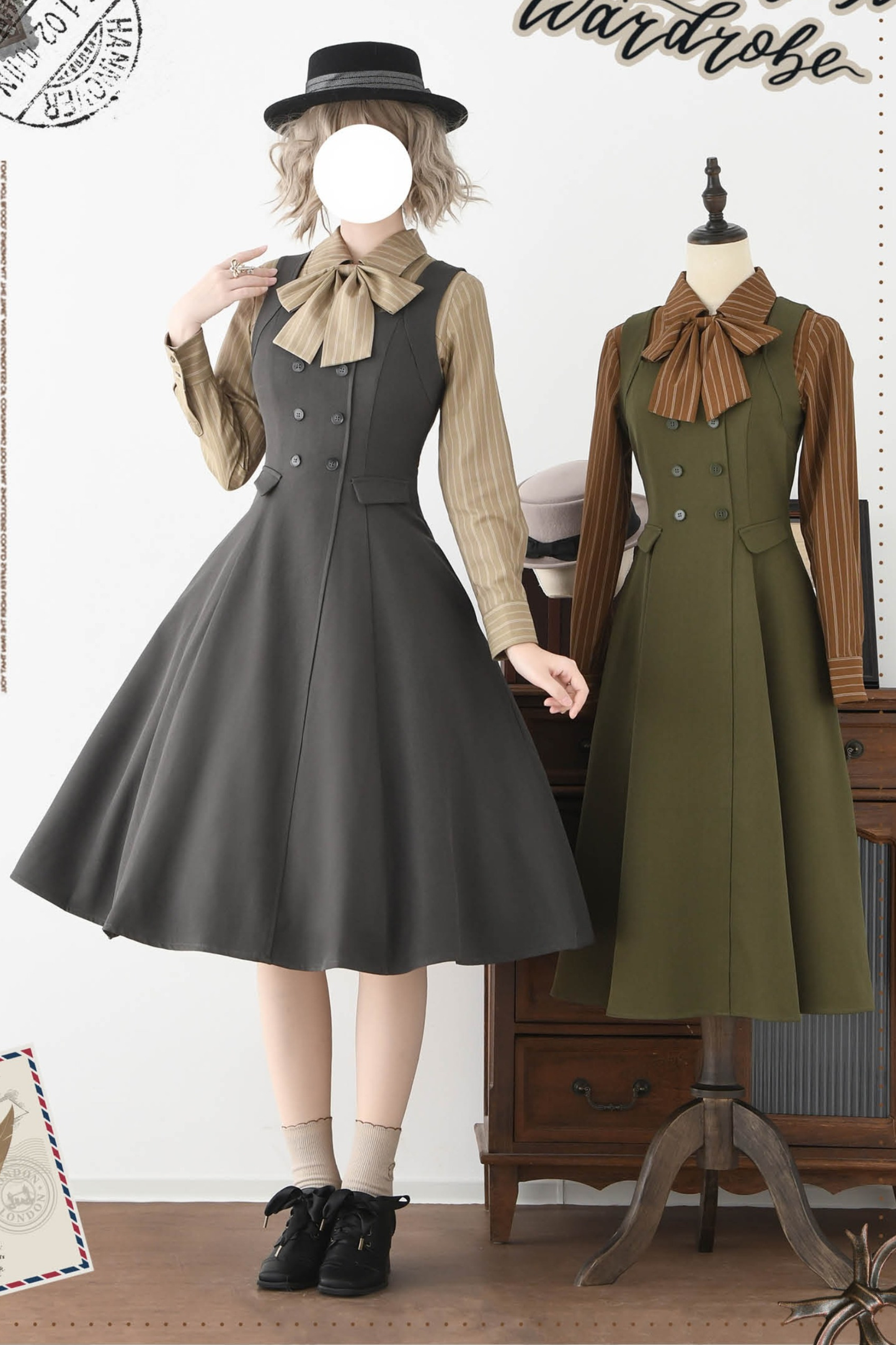 英国風レトロエレガントノースリーブドレス