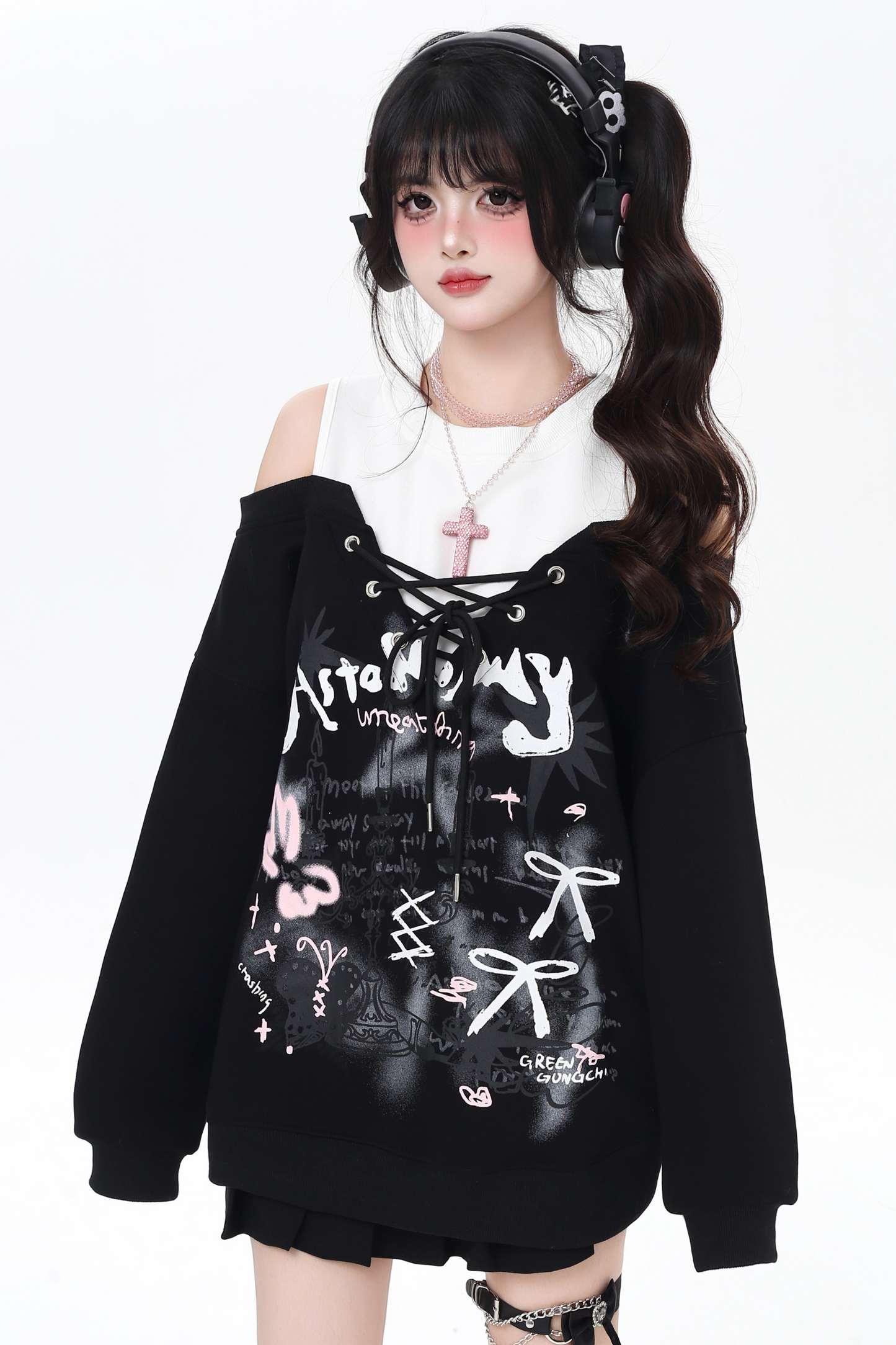 スイートストラップフェイクツーピースオフショルダーデザインガーリースウェット