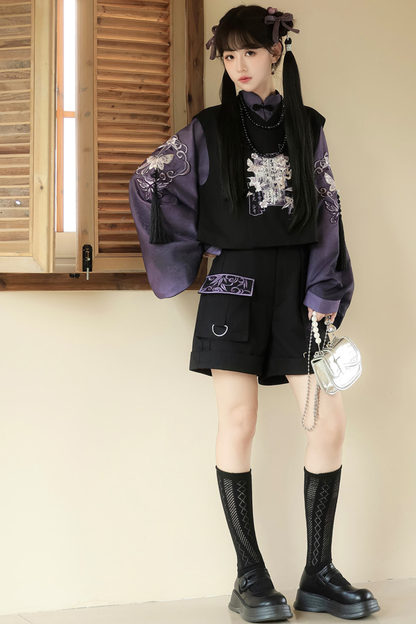 Dark china top + vest + shorts + necklace