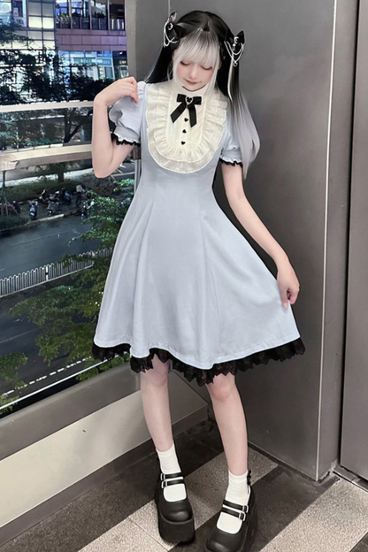 Kleid mit Spitzenpuffärmeln + Schleifen-Haarklammer