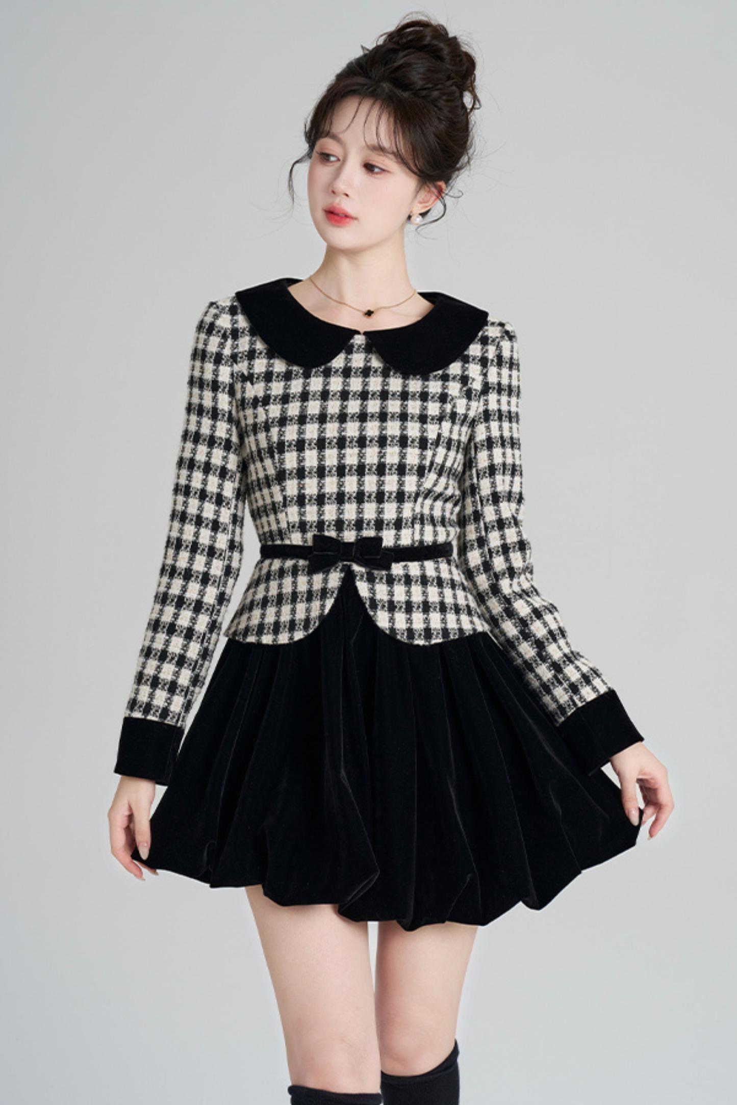 ベルベットモノクロチェックドレス