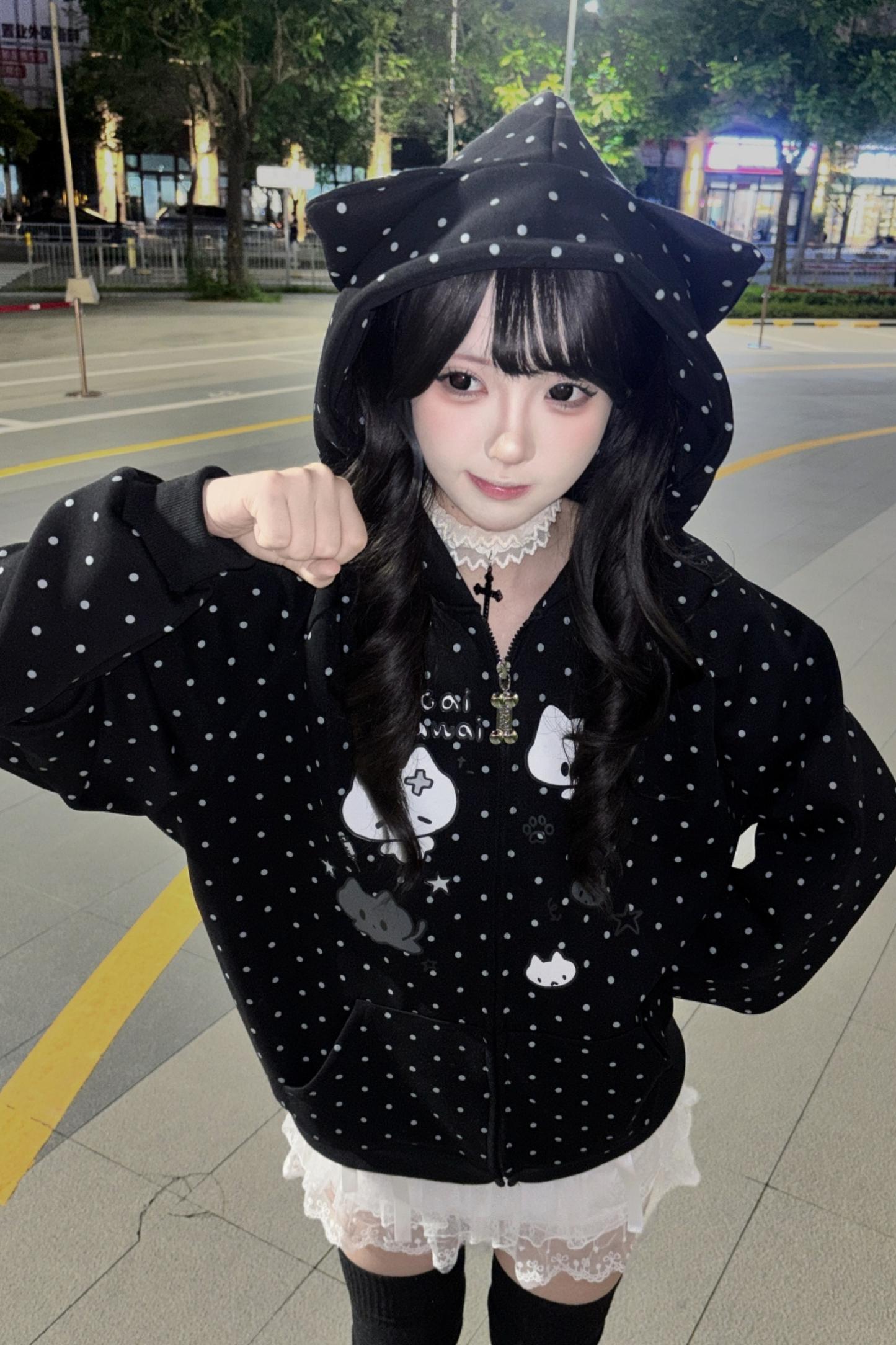 Dot Cat Hooded Loose Hoodie
