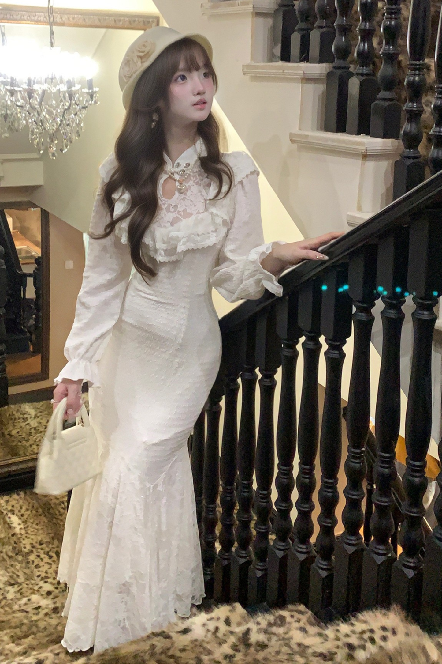 パフスリーブニットレースワンピース