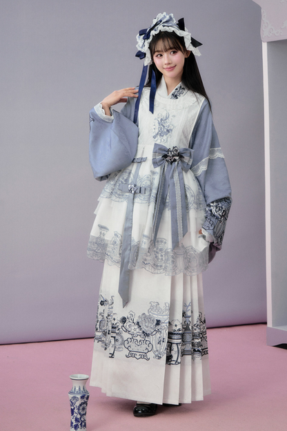 귀여운 차이나 재킷 + 스커트 + 오버스커트 + 리본 + 브로치 + 헤어밴드