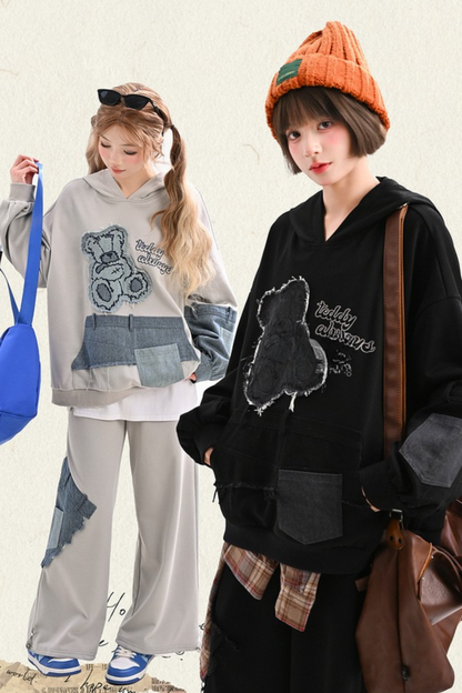 Patchwork Bear Design Loose Hooded Hoodie + Sweatpants