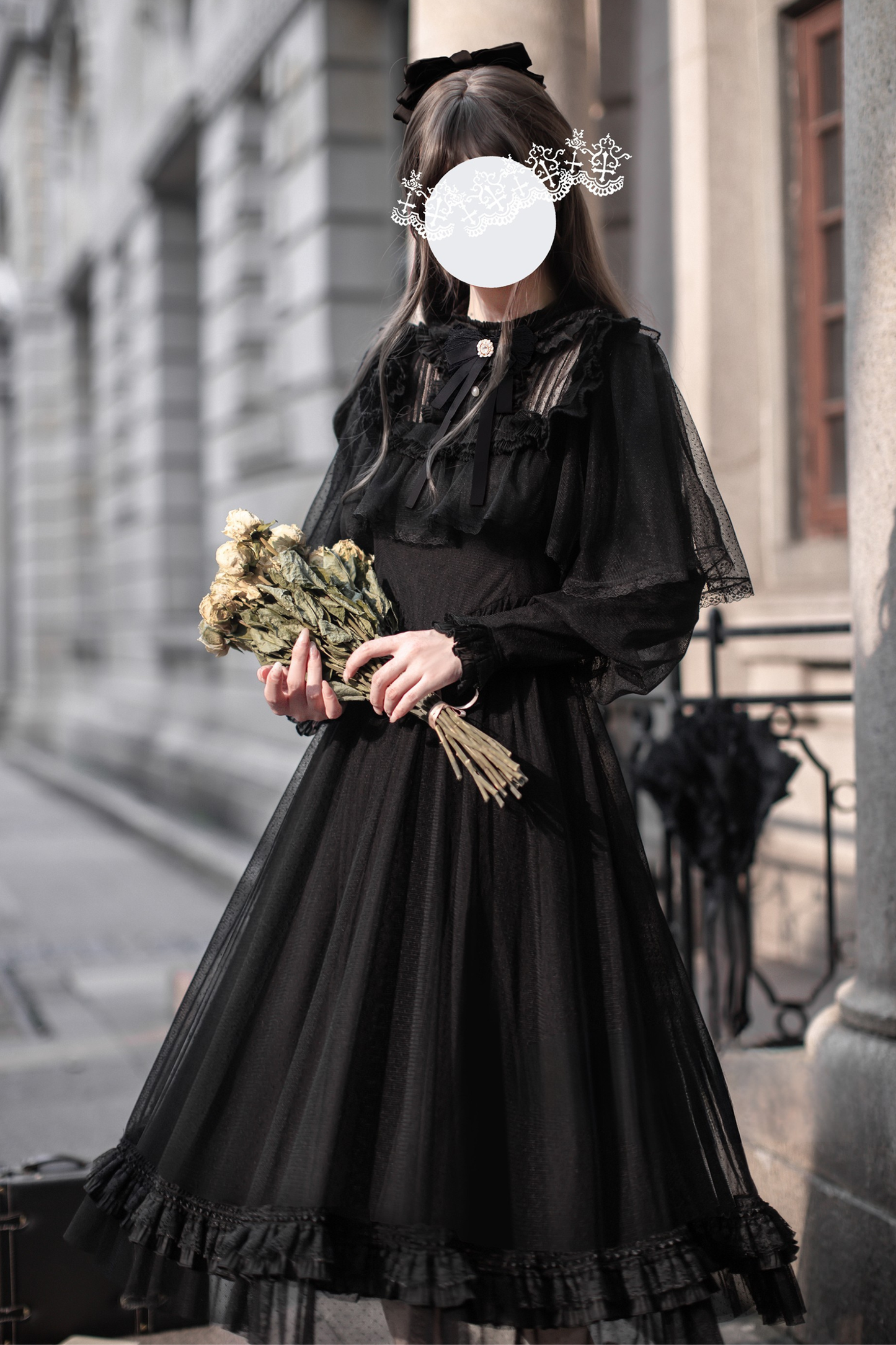 ダークエレガントブラックドットガーゼショールドレス