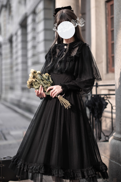 ダークエレガントブラックドットガーゼショールドレス