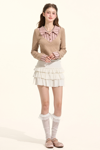 プレッピースタイルストライプカラーフェイクツーピースニット