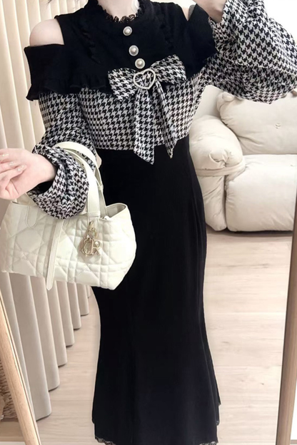 Chidori Plaid Dark Off-the-shoulder Dress