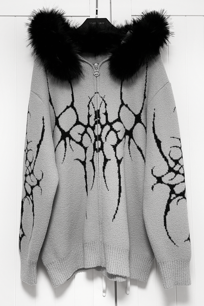 ゴシックファーフードルーズジップカーディガン