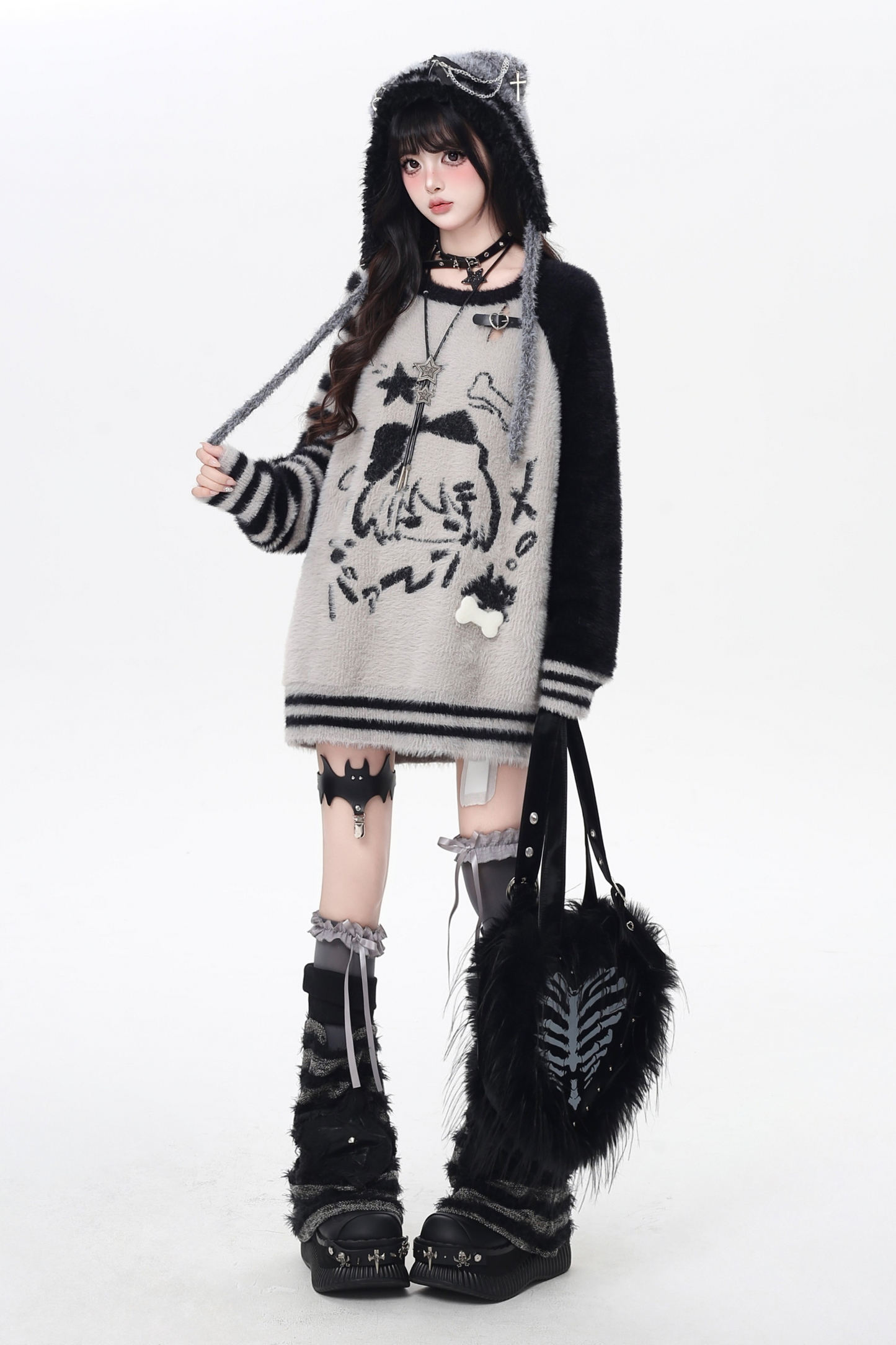 Hooded Loose Top with Striped Asymmetrical Ears