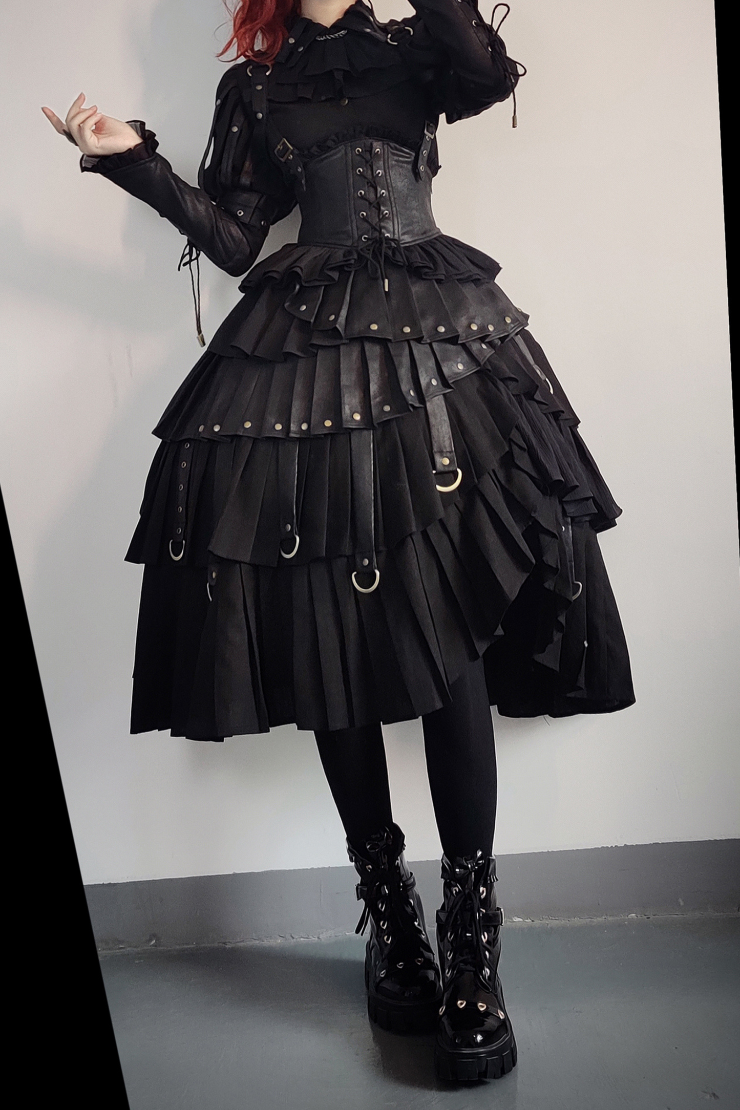 [Reservation product] Black Mist Gosix Team Punk Gauge Mat Leather Shirt + Corset Suspender Dress