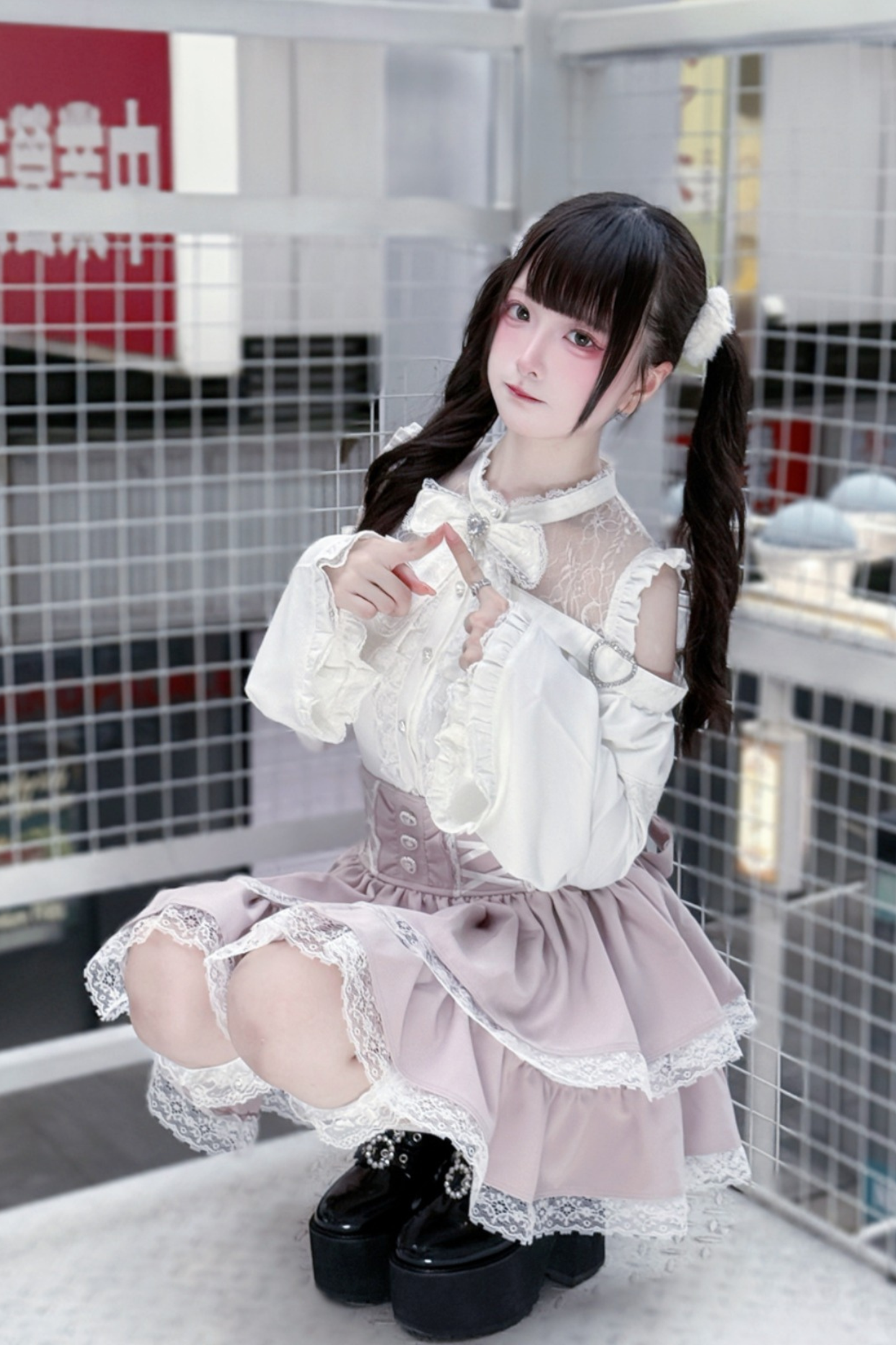 Lace off-the-shoulder shirt + lace-up skirt