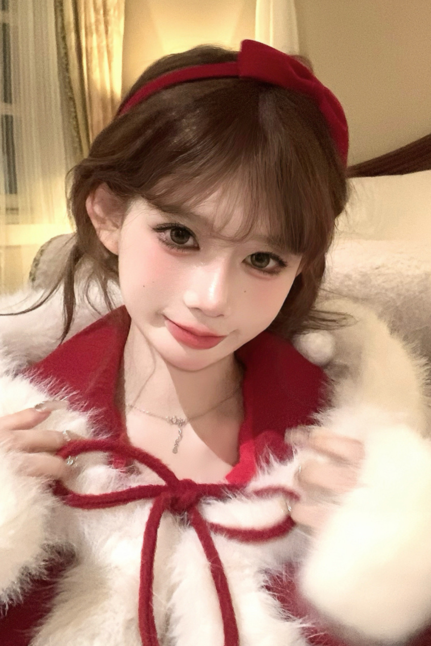 レッドベルベットケーキファーコート+サスペンダースカート+スリーブ