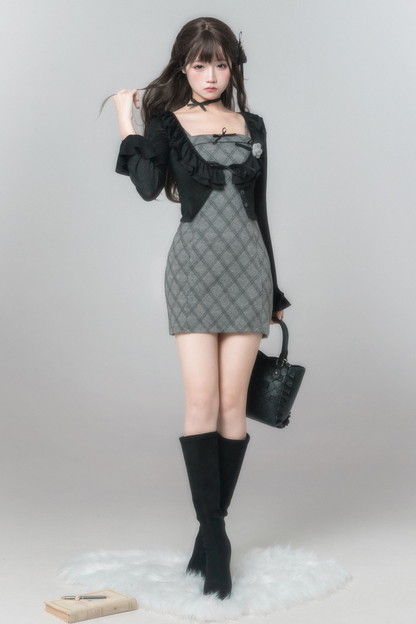 チェックキャミソールドレス+カーディガン