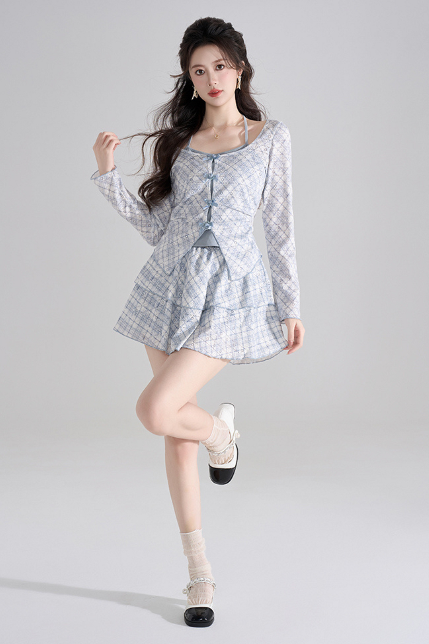 Blue Check French Sleeve Ensemble Top + Flared Skirt