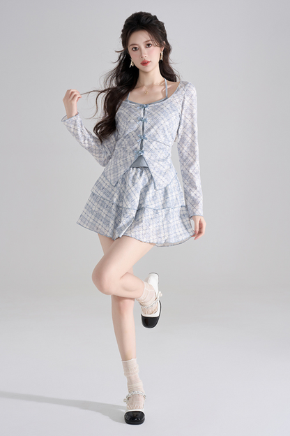 Blue Check French Sleeve Ensemble Top + Flared Skirt