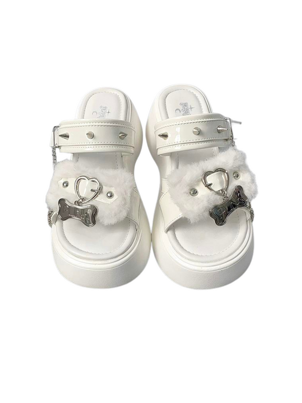 Punk Rivet Fur Chain Platform Flat Sandal