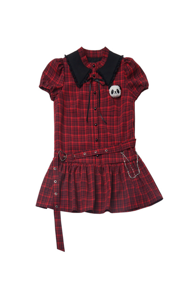 Love Comi Panda Checkered Dress + Pleated Skirt + Cropped Top