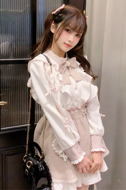 레이스 어깨 리본 블라우스 + 스커트