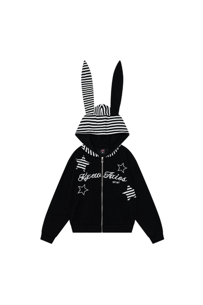 Y2K Rabbit Ear Striped Hooded Hoodie