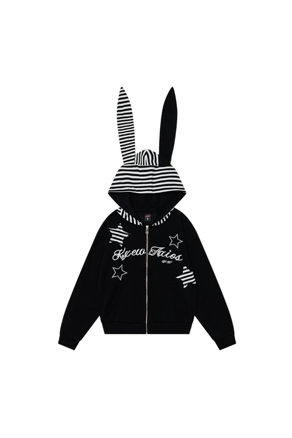 Y2K Rabbit Ear Striped Hooded Hoodie