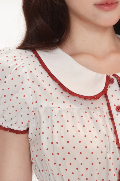 ドットパフスリーブドールシャツ+リボンバルーンスカートパンツ