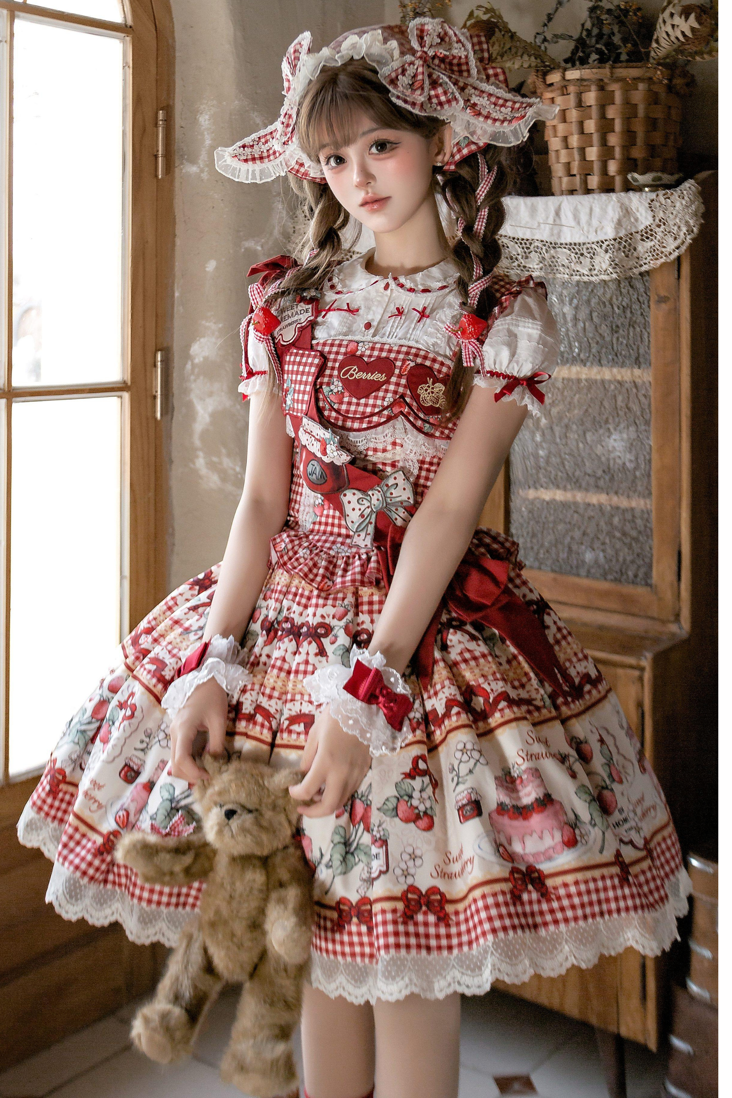 [Vorbestellung bis 14. März] Castle-Strawberry-Süß-Lolita-Hosenträgerrock + Oberteil + Unterhemd + Stirnband + Band