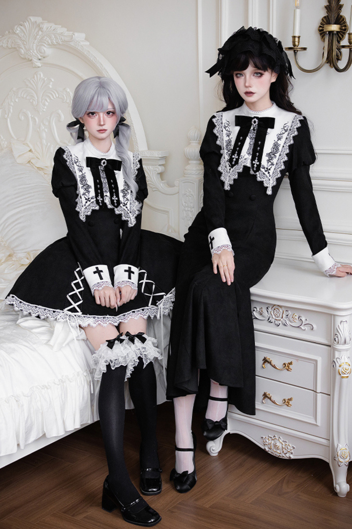 シックマーメイドドレス+レースアップショートドレス+マントコート+カラー+リボンブローチ