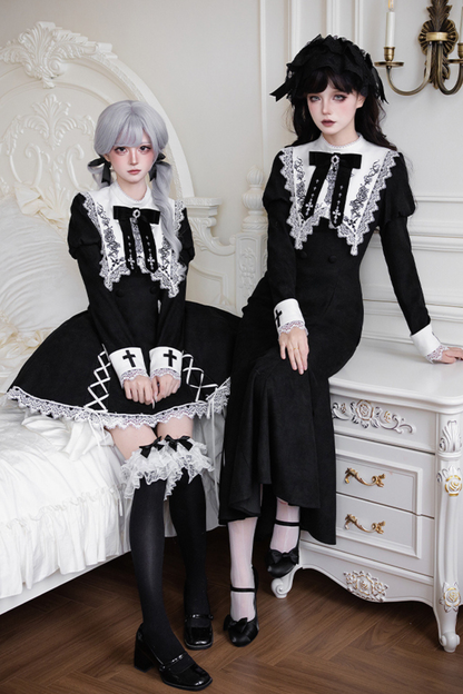 シックマーメイドドレス+レースアップショートドレス+マントコート+カラー+リボンブローチ