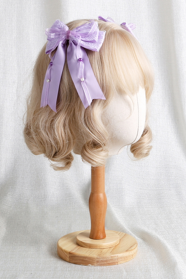 パープルブライダルリボンフラワーボンネット+ハットクリップ+ヘアバンド+リボンクリップ+スリーブ