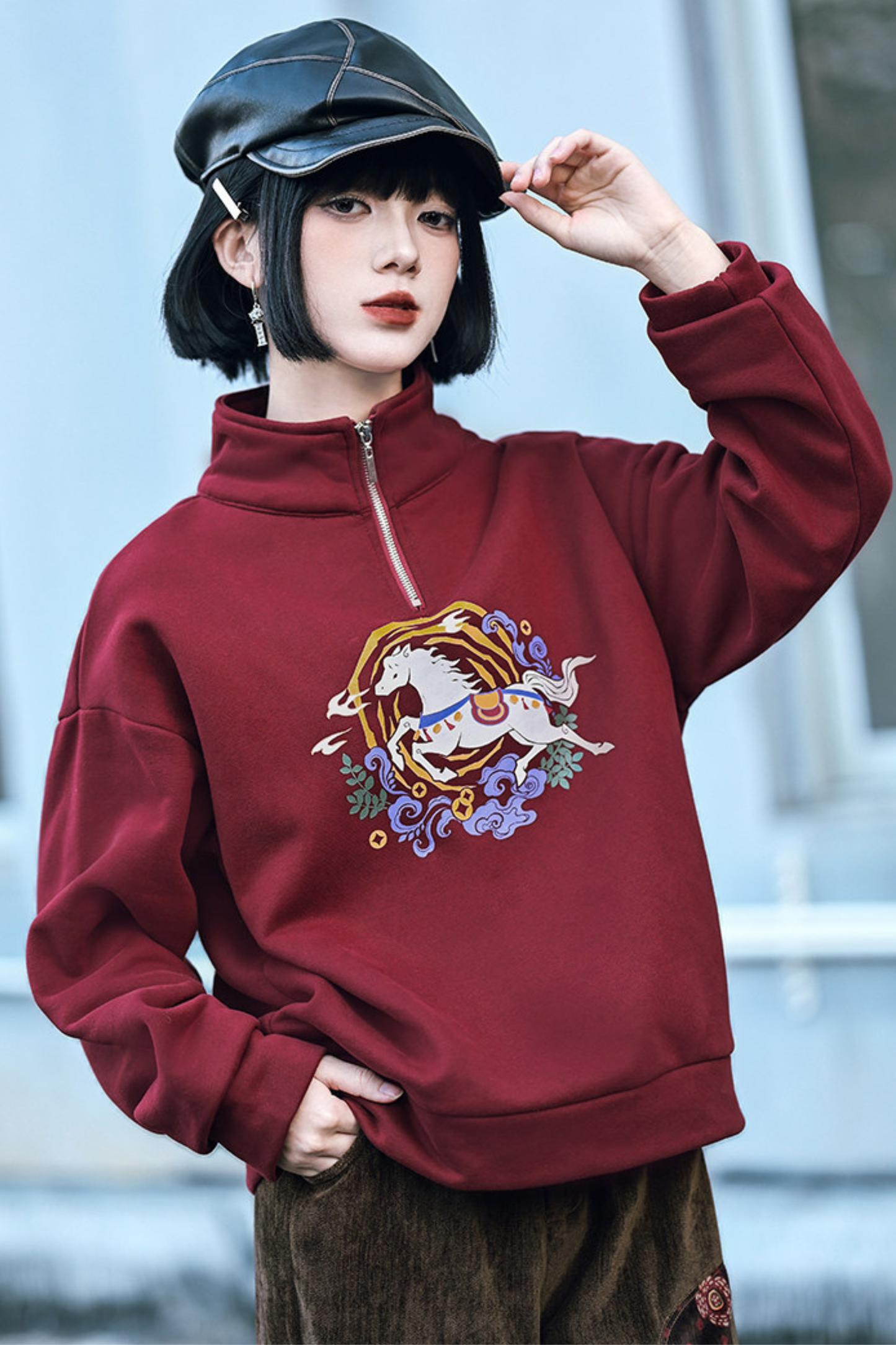 Retro china mode zip-neck top