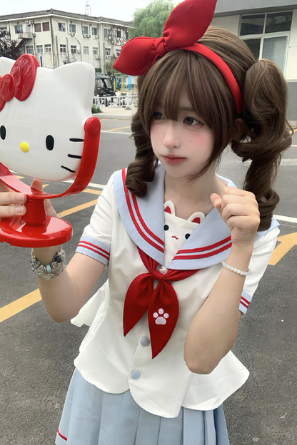 Hauts de marin pour fille anime chat + jupe + ruban