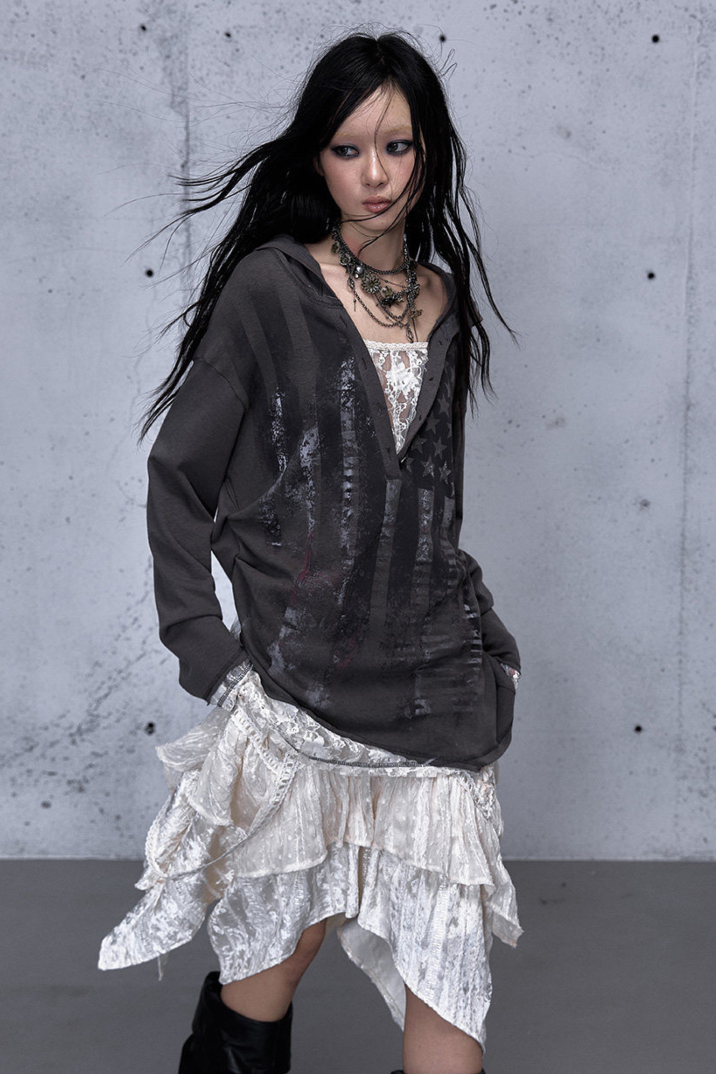 레이스 패치워크 루즈핏 후드 파카