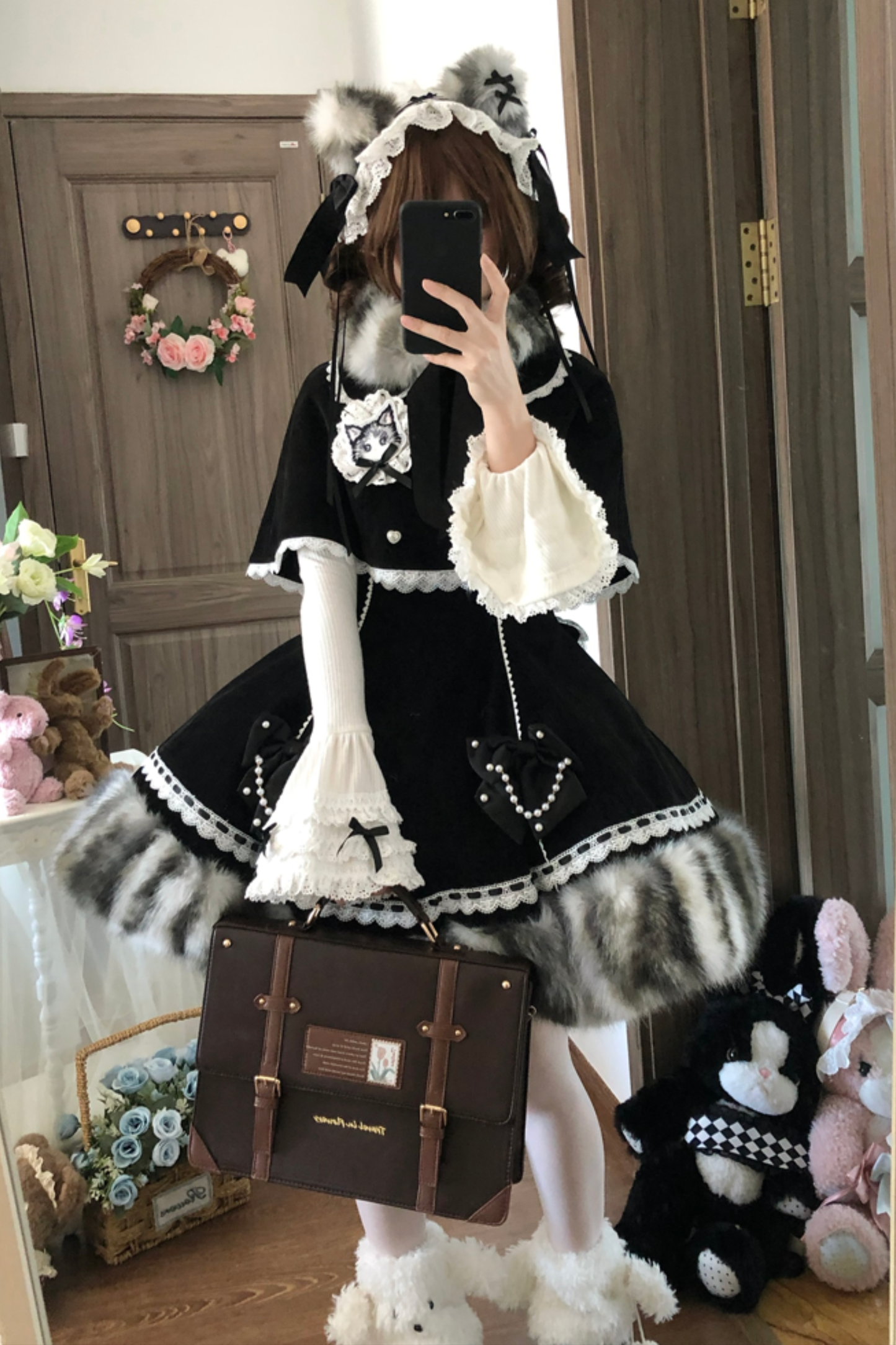 Cat Fleece Lolita Cape + Snow Lolita Dress + Flared Sleeve Top