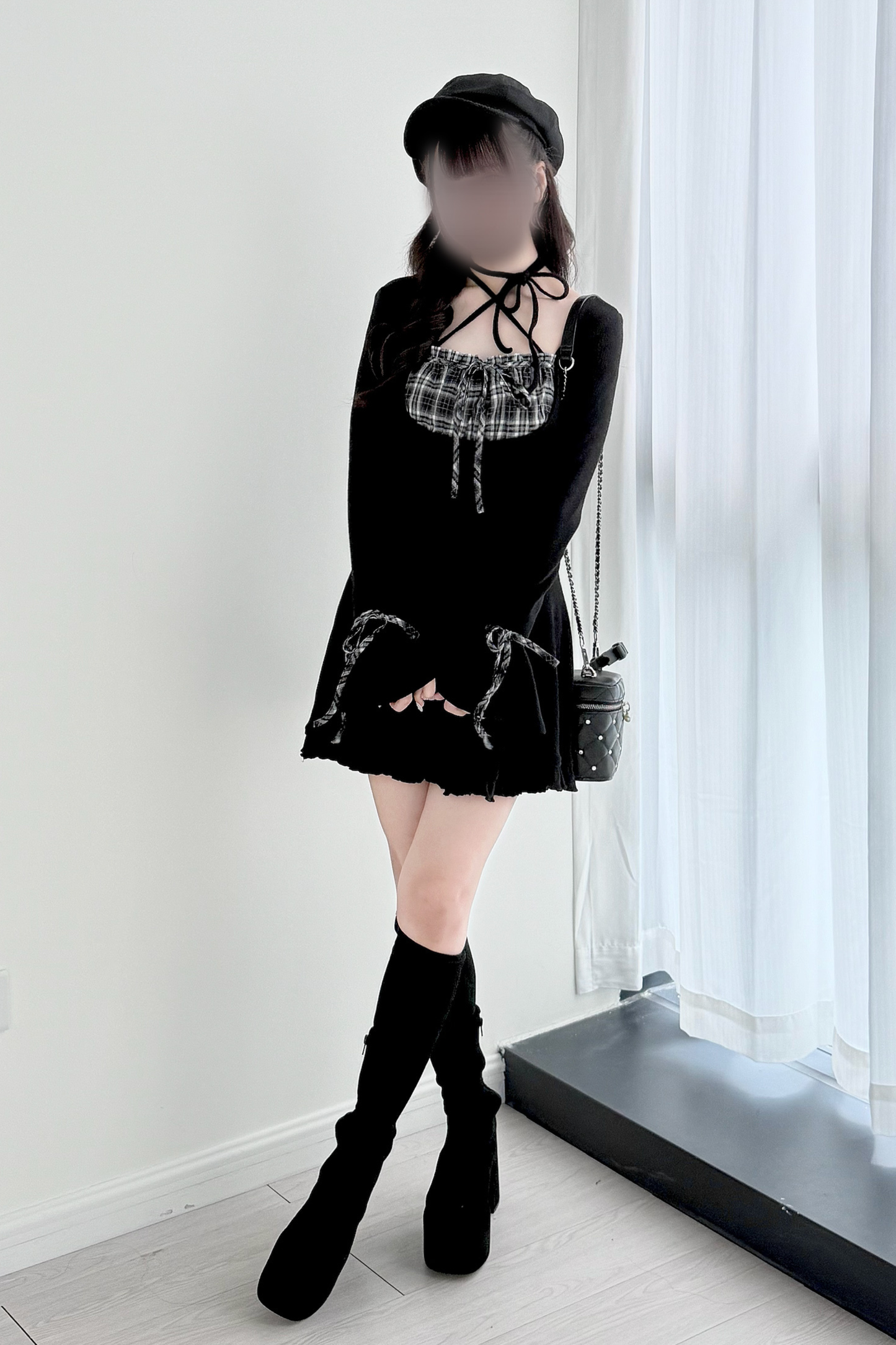 チェックフレアニットワンピース