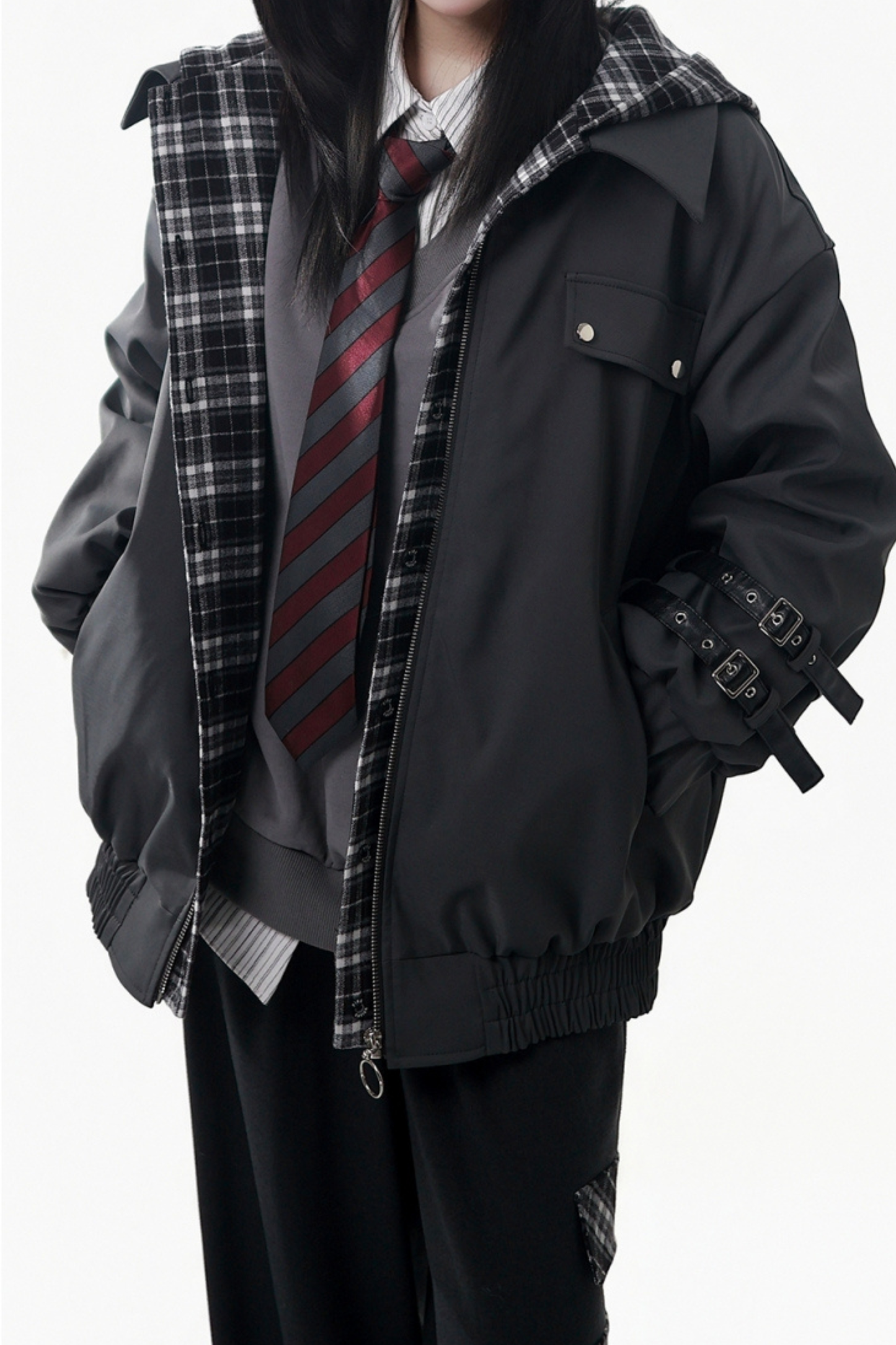 ビッグファーカラージャケット+トップス+スカート+パンツ+チェックフードジャケット