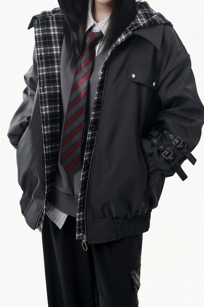 ビッグファーカラージャケット+トップス+スカート+パンツ+チェックフードジャケット