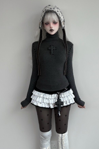 クロスドットタートルネックトップス+スカート+ペンダント