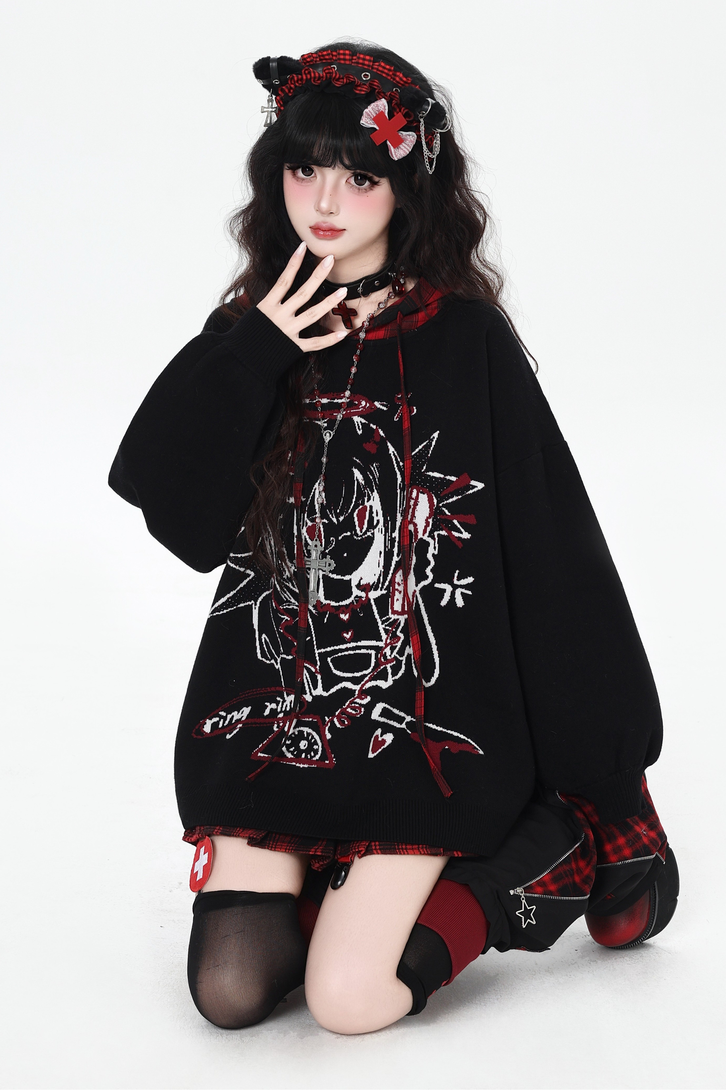 パンクガールチェックフードルーズセーター