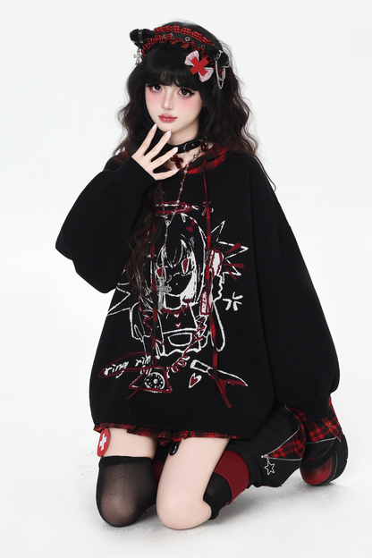 パンクガールチェックフードルーズセーター