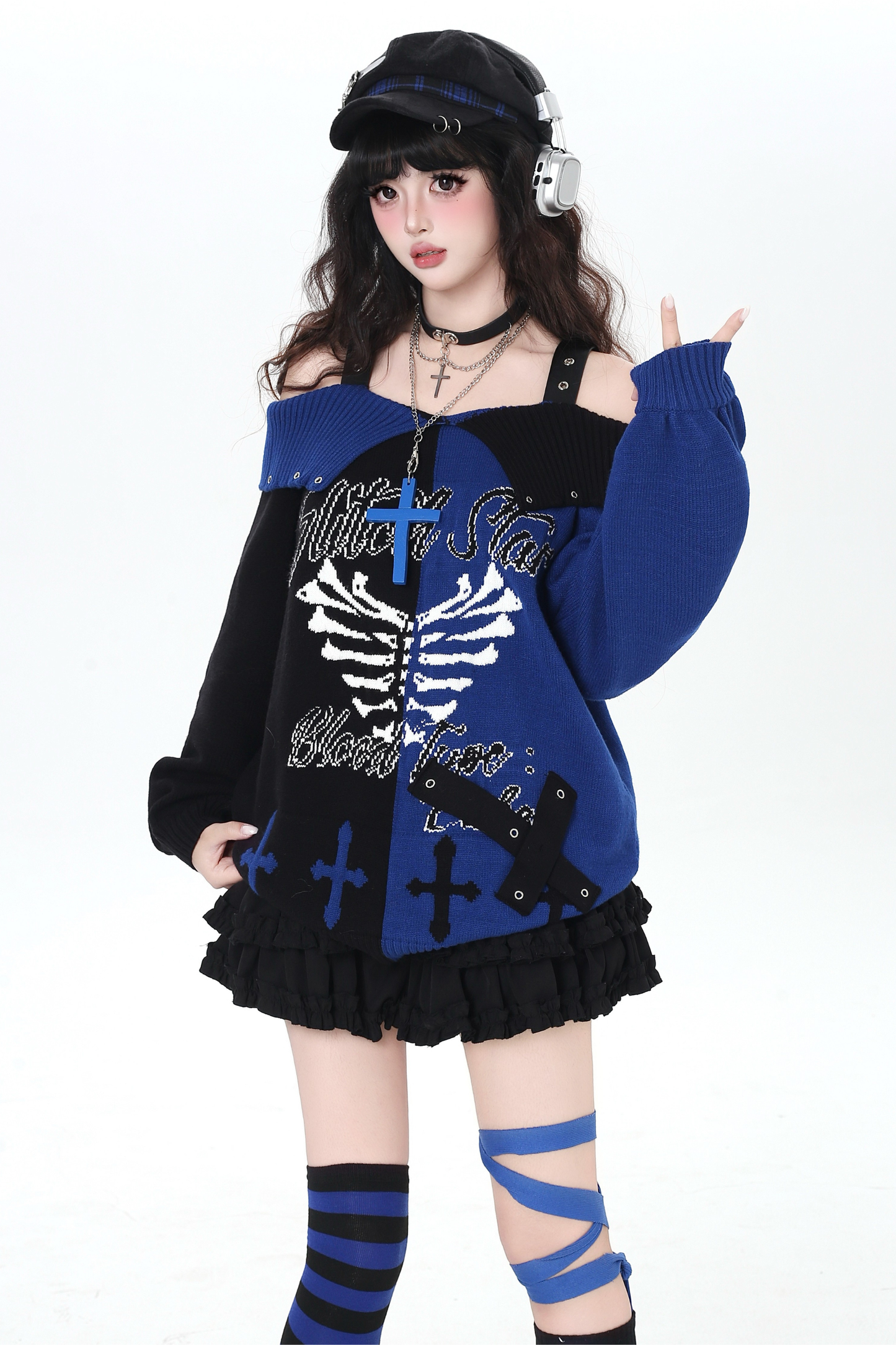 スカルボーンゴシックオフショルダートップス+スカーフ