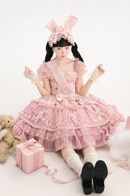 【6月20日予約締切】ピンク/ブルースイートラビットリボンフェアリープリンセスレースティアードJKSドレス