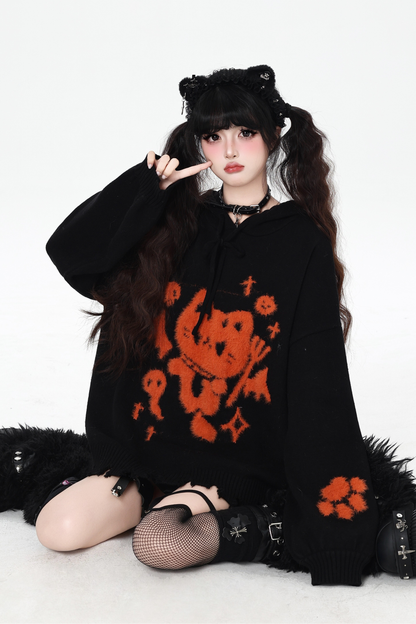 ナイトダークキャットルーズフードニット